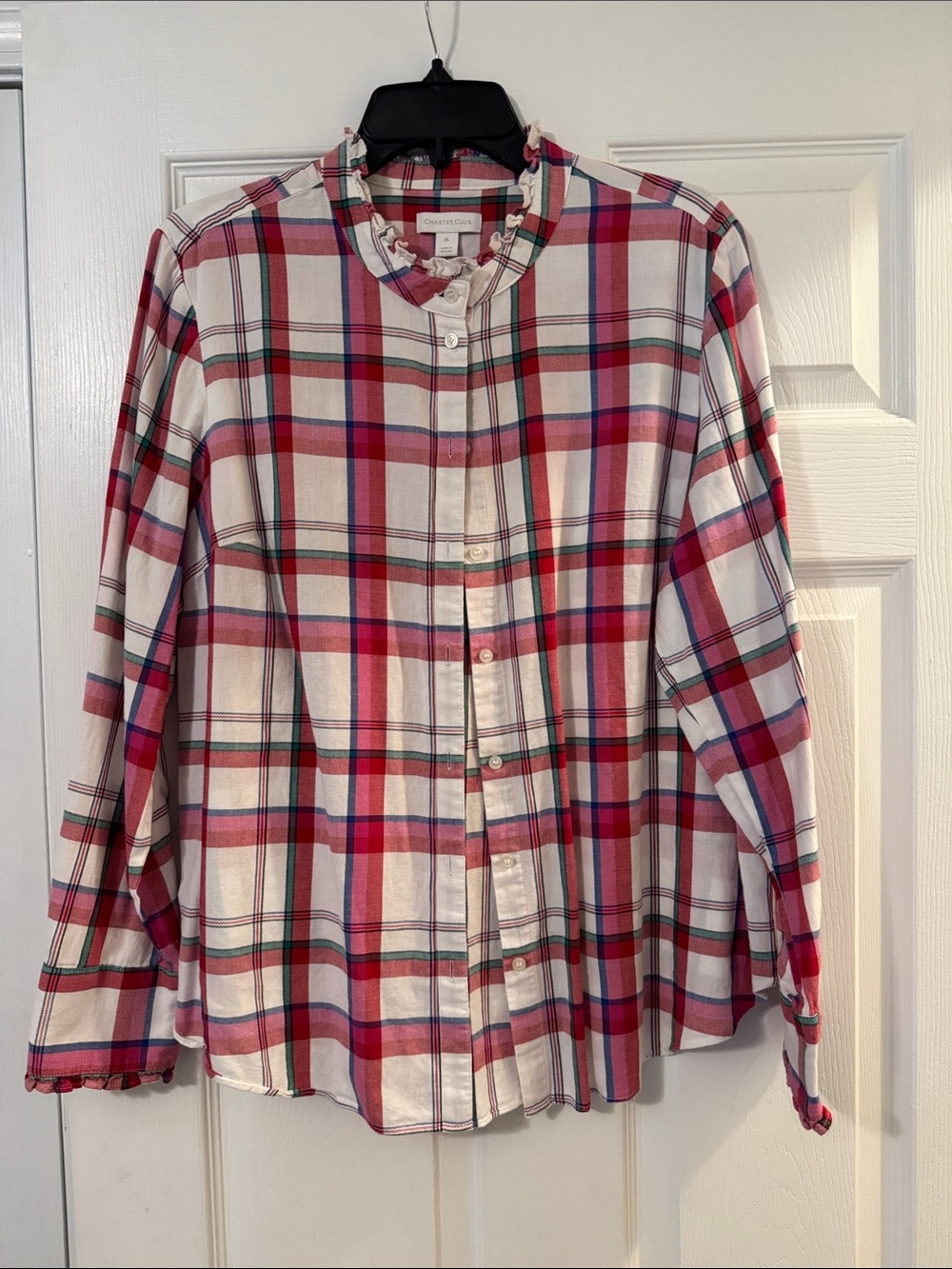 Charter Club Pink Red White Plaid Ruffle-Collar Button-Down Shirt